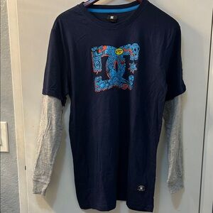 DC SHOES Blue Graphic Long Sleeve Shirt with Gray Sleeves, Sz XL